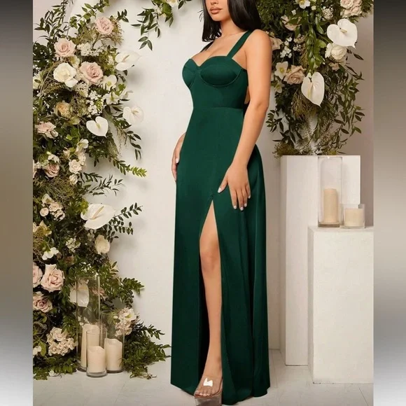 Elegant Green Slit Thigh Party Evening Gown